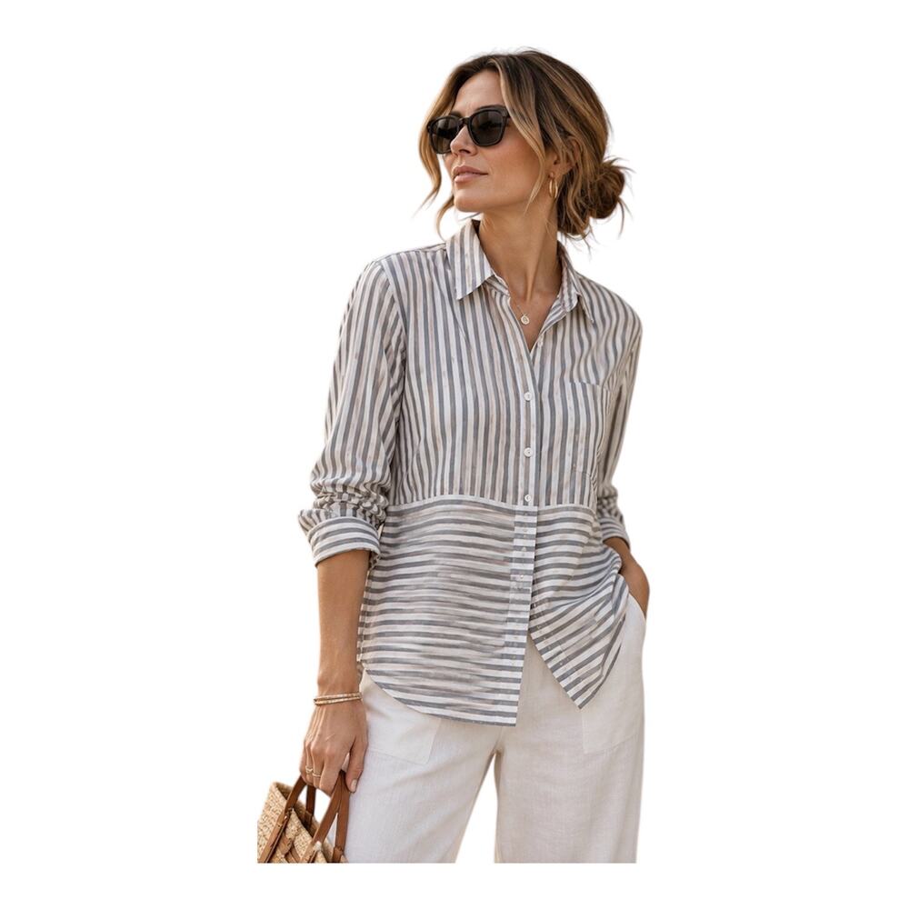 J.Jill Striped Cotton Blend Button Down Shirt Gray Tan White Oversized XS